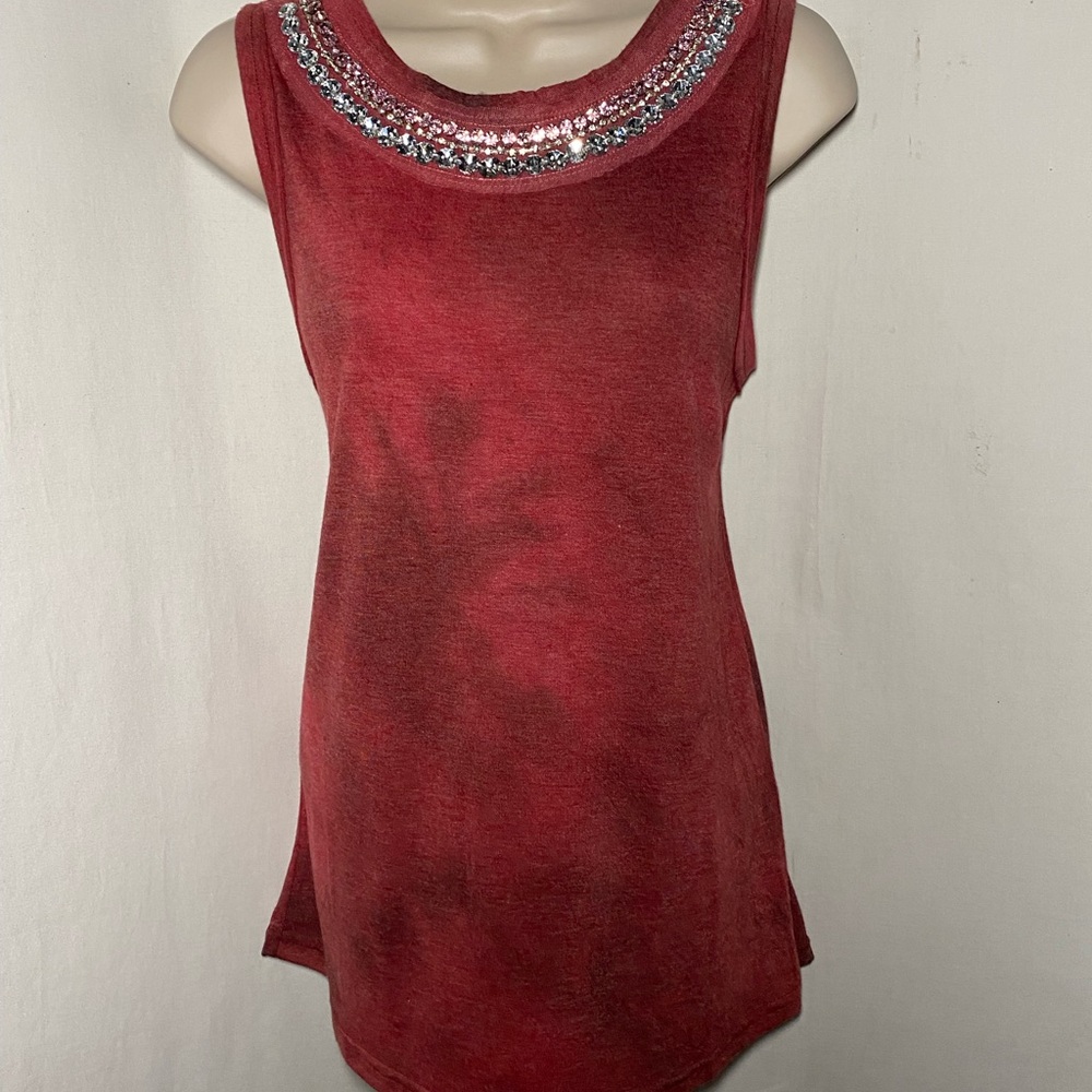 Size S Vocal Sleeveless Embellished Neck Red Soft Tye Dyed Women's Tank Top
